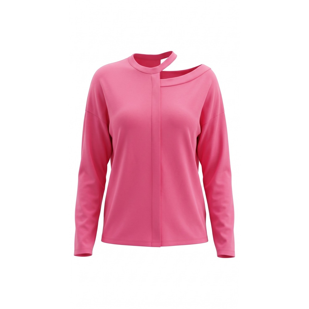 Asymmetric Cut Out‎ Neckline Long Sleeve Top Pink XL Modern Minimalist Blouse